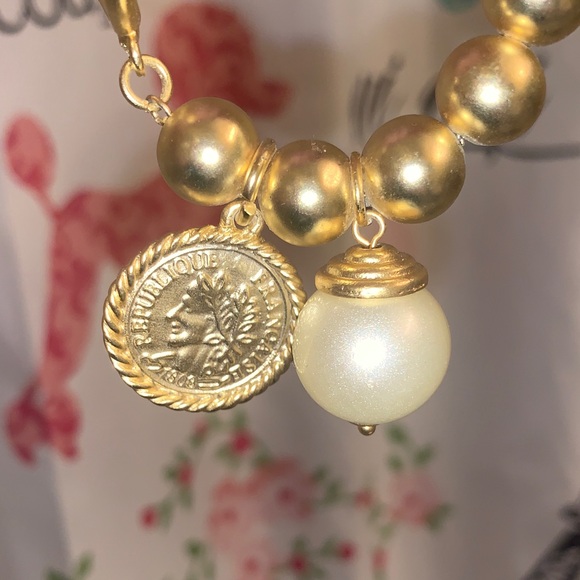 Karine Sultan Elegant Gold Beaded Bracelet with Pearl and Coin Charm - Picture 7 of 11